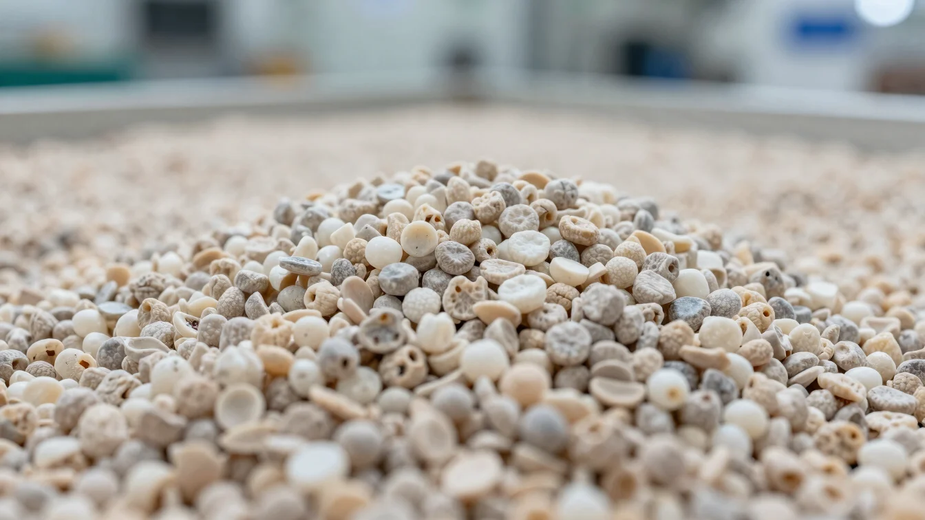 Close macro view of amino-resin granules with clean diffused industrial light, neutral tones, precise technical texture