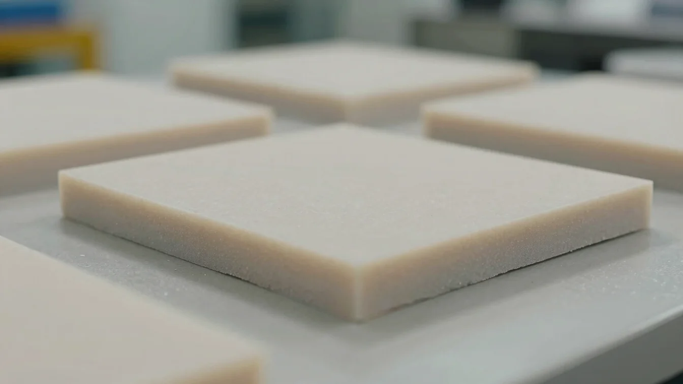 Macro photograph of polyurethane polymer sample on a neutral surface, diffused industrial light, precise material textur