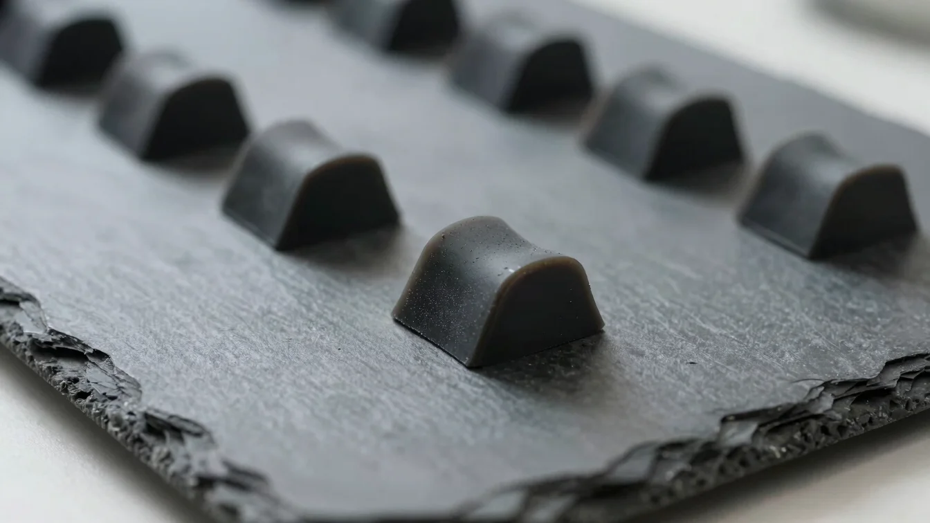 Macro detail of synthetic rubber polymer form on a slate surface, clean industrial light, neutral material tones
