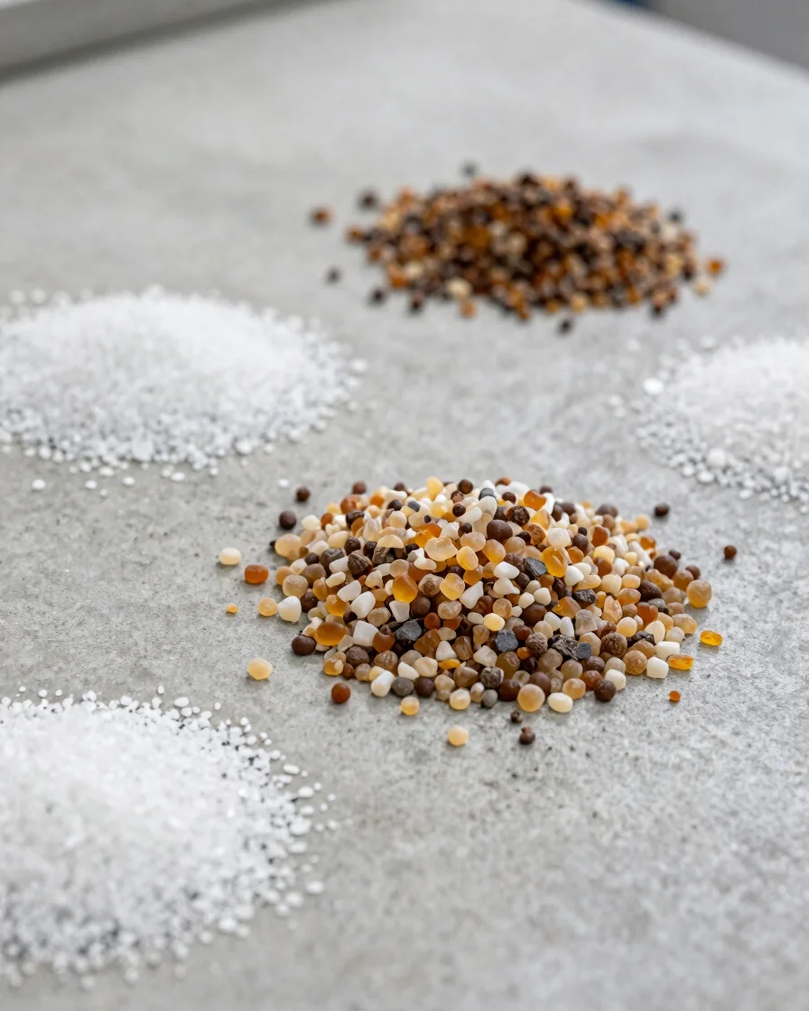 Industrial editorial macro photograph of amino-resin granules and polyurethane polymer samples on a neutral concrete sur