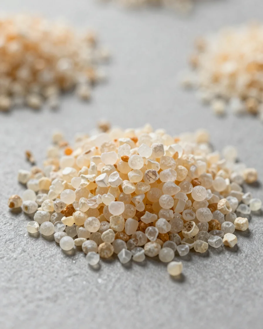 Macro photograph of raw amino-resin granules and polymer pellets on a neutral slate surface, clean diffused industrial l